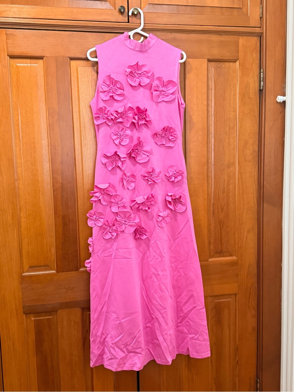 Sleeveless Maxi Dress with 3D Floral Appliqués in Bright Pink